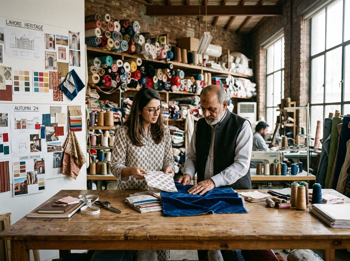 Artisans inspecting cotton linens in workshop